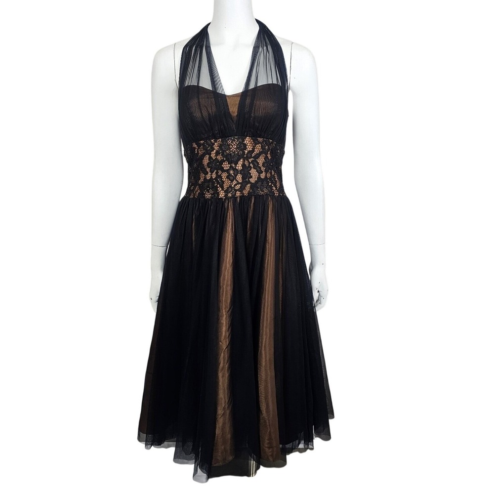 Betsy & Adam Linda Bernell Black Bronze Tulle Lace Halter Cocktail Dress Size 6